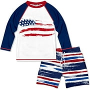Millie Loves Lily Male White \u0026 Navy USA Flag Long-Sleeve Swimsuit Rashguard Set UPF 50, Size 2T-10